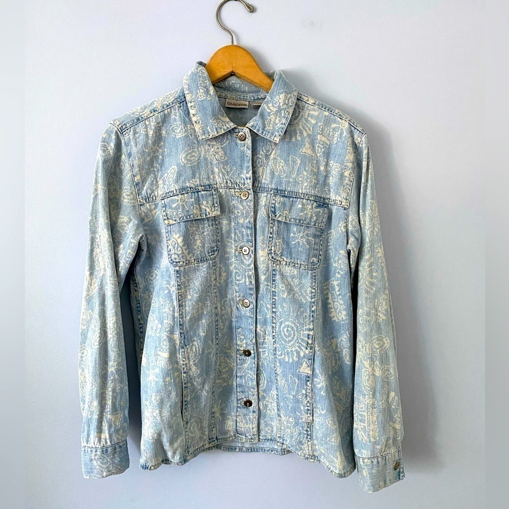Chico's Cotton Denim Jacket / Shacket Sz O (Small), Lightweight, Patterned